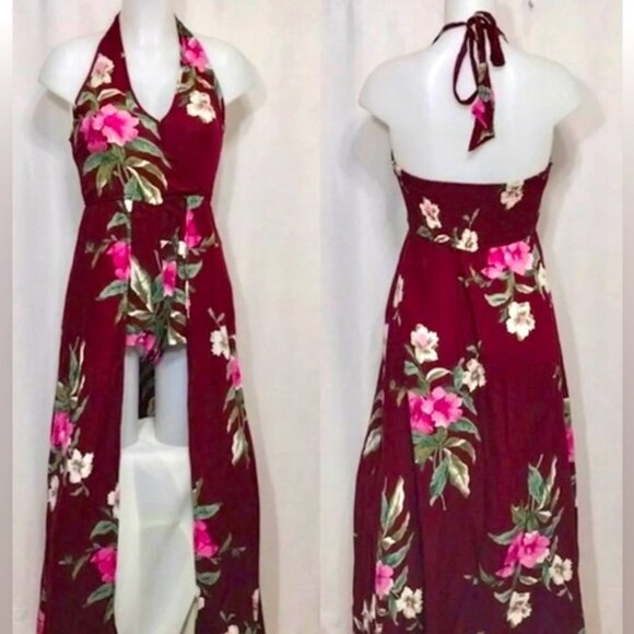 BAND OF GYPSIES Walk Through Maxi Dress Shorts Romper Floral Burgundy Womens XS - Picture 5 of 15